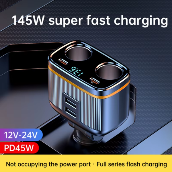 Car Charger – Dual Socket, Type-C & USB with LED Display